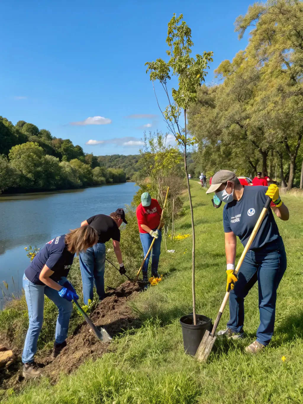 A photograph showcasing volunteers planting native vegetation along a riverbank to restore fish habitat, emphasizing community involvement and environmental stewardship.