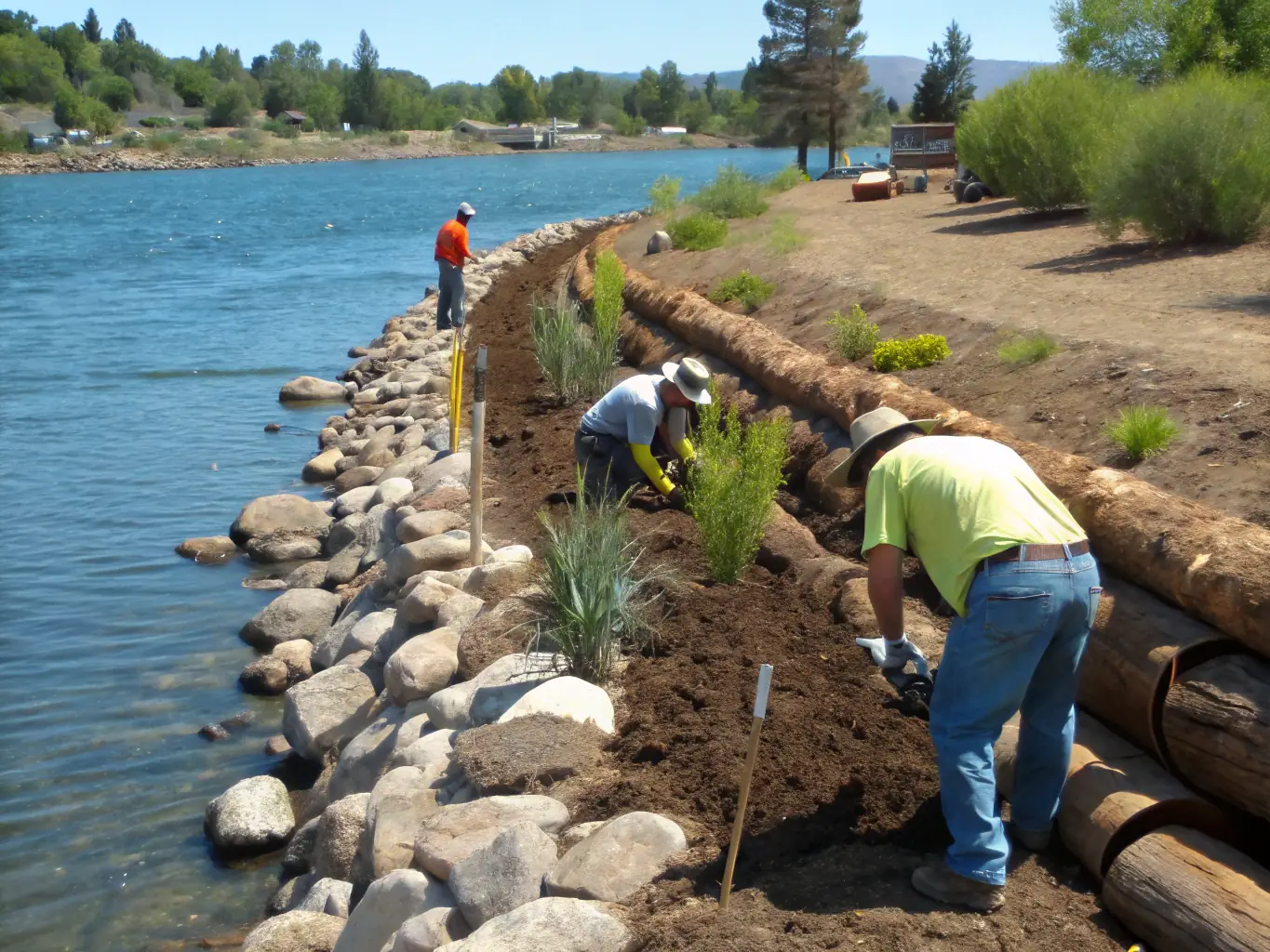 A scenic view of a river restoration project in Broquiès, showcasing replanted vegetation along the riverbank and improved water flow, emphasizing habitat recovery.