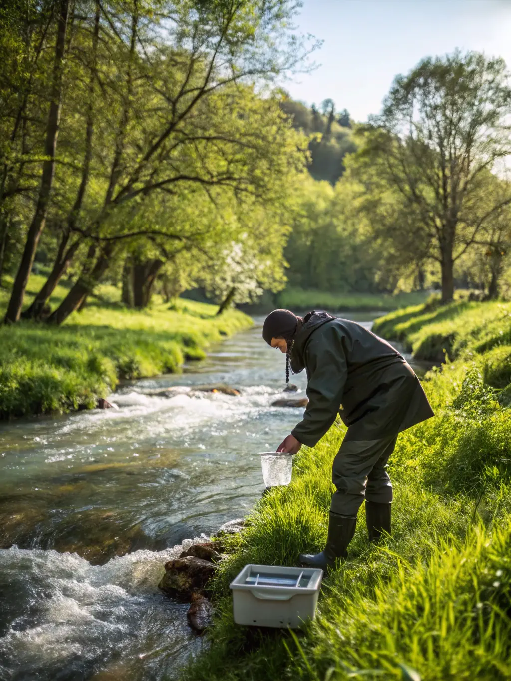 An image of a scientist collecting water samples from a local river to monitor water quality and assess the health of the aquatic ecosystem.