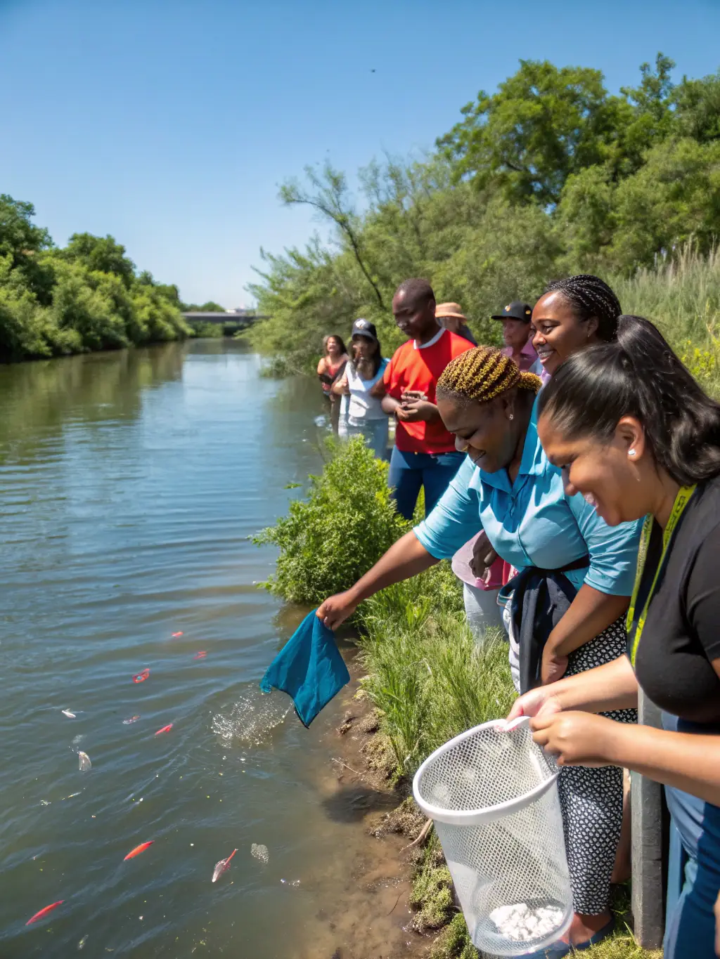A picture of association members releasing juvenile trout into a river as part of a fish stocking program to enhance fish populations.