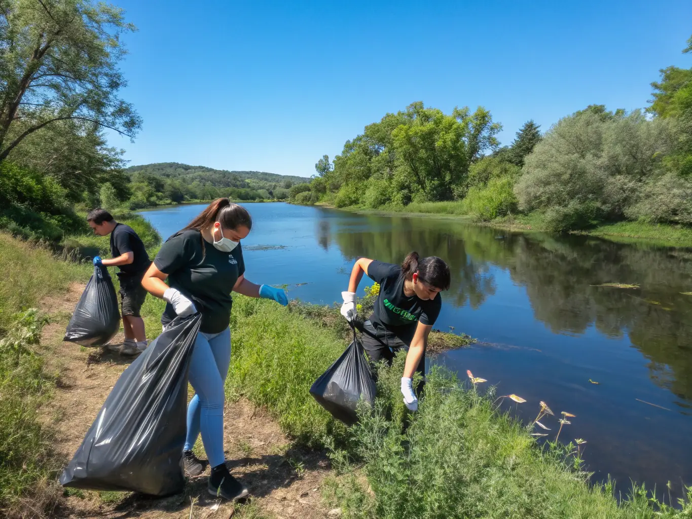 A group of volunteers participating in a river cleanup event, removing litter and debris from the riverbanks, highlighting community involvement in conservation efforts.